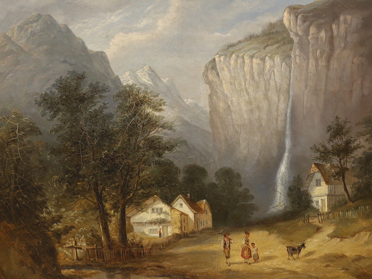 19th century, oil on canvas, Swiss mountainous landscape with figures and chalets, 32 x 42cm